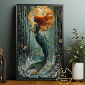 Whimsy Mermaid Poster Wall Decor Under Water Art Print Vintage Style Fantasy Illustration Kids Room Decor Nursery Wall Art Gift Kids