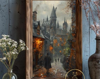 May include: A painting of a dark, cobblestone street leading to a large, imposing castle with tall towers. The castle is set against a cloudy sky and the street is lit by lanterns. A lone figure walks down the street, wearing a long black coat and a hat.