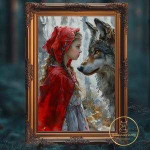 Pôster de parede de chapeuzinho vermelho, decoração de parede, conto de fadas, irmãos grimm, arte impressa, lobo, decoração de quarto infantil, berçário, arte de parede, ilustração de folclore