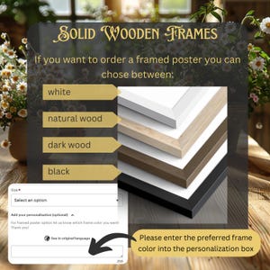 Pu&ograve; includere: Immagine che mostra cornici in legno massello bianche, in legno naturale, in legno scuro e nere. Il testo recita "SOLID WOODEN FRAMES" e "Si prega di inserire il colore della cornice preferito nella casella di personalizzazione."