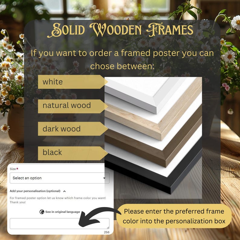 Pu&ograve; includere: Immagine che mostra cornici in legno massello bianche, in legno naturale, in legno scuro e nere. Il testo recita "SOLID WOODEN FRAMES" e "Si prega di inserire il colore della cornice preferito nella casella di personalizzazione."