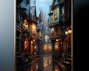 Poster Wizarding Alley Walldecor Art Print World of Wizardry Oil Painting Wizard and Witches Place Gift Fantasy Fan Illustration