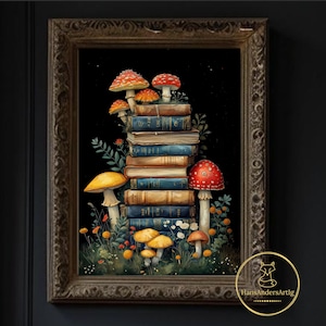 Mushroom Book Poster Whimsy Dark Academia Art Print Dark Print Mystic Autumn Wall Art Bookish Decor Dark Cottagecore Goblincore Witchy Gift