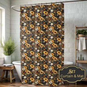 Dark Cottagecore Shower Curtain Bath Mat Set Floral Print Bath Curtain Forestcore Style Botanical Dark Print Flower Curtain Farmhouse Style