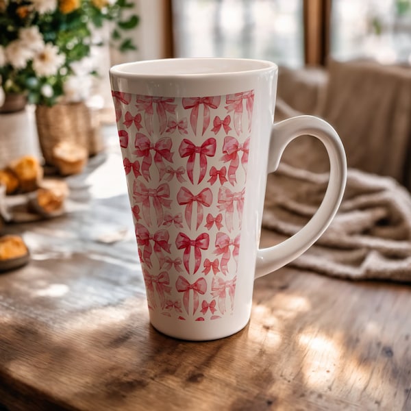 Large Latte Mug Pink Bow Trend 17oz White Meramic Mug For Coffee Lover Large Coffee Mug Coquette Girlie Style Mug Gift For Her