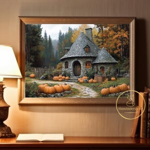 Könnte beinhalten: Ein gerahmter Wandkunstdruck, der ein Steinhäuschen mit konischem Dach in einer Waldumgebung zeigt. Die Szene umfasst einen Steinweg, der von zahlreichen orangefarbenen Kürbissen, herbstlichem Laub und einem Holzzaun gesäumt ist. Der Text HansAndersArtlg ist sichtbar.