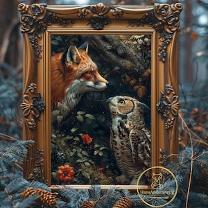 Dark Cottagecore Decor Poster Fox Owl Print Fall Home Decor Living Room Fairycore Wall Art Dark Academia Framed Art Witchy Gift For Friend