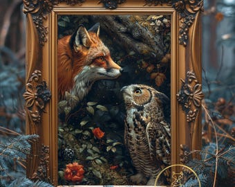 Fox and Owl Poster Woodland Animal Wall Art Forest Wildlife Print Cottagecore Decor Nature Illustration Rustic Cabin Artwork Gift