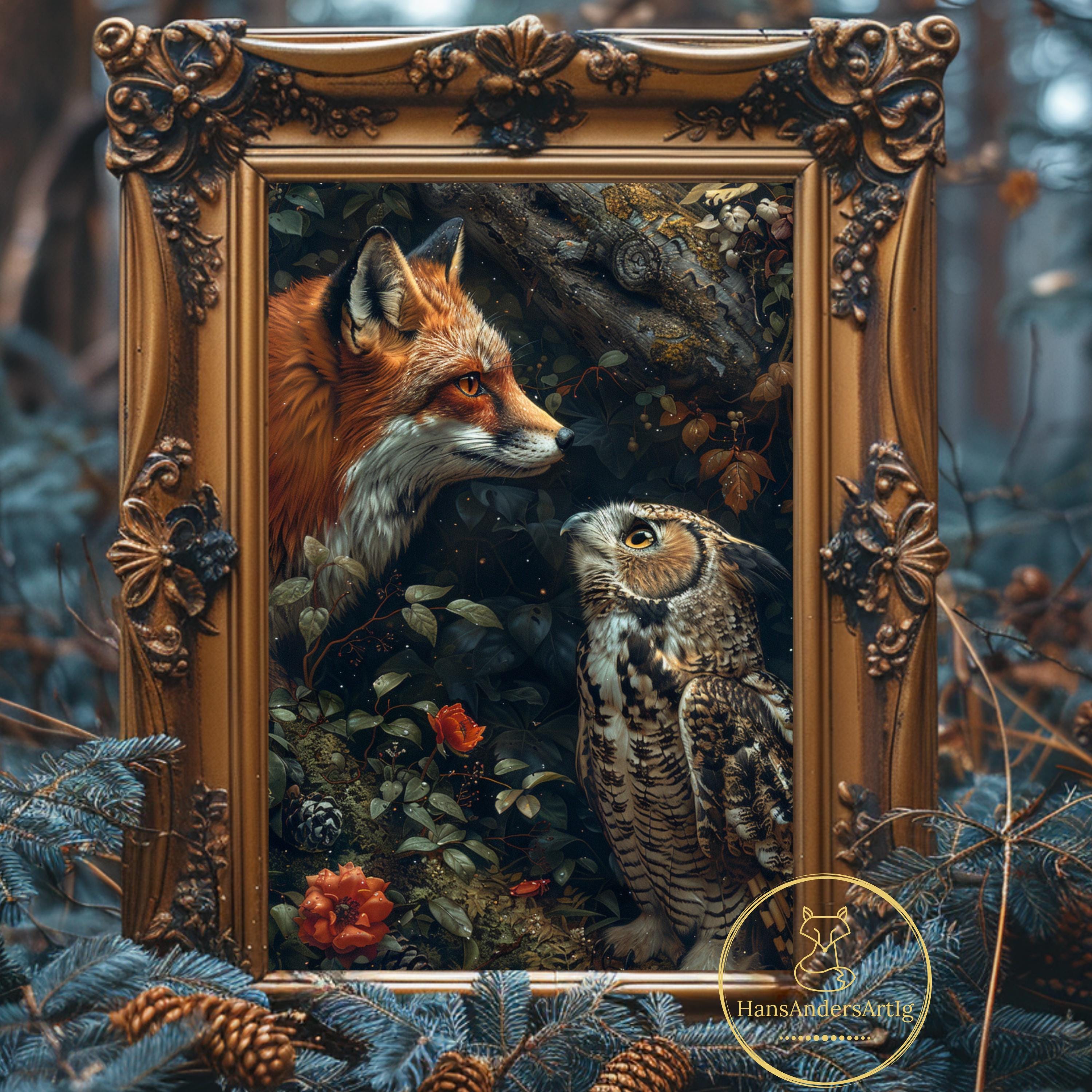 Dark Cottagecore Decor Poster Fox Owl Print Fall Home Decor Living Room Fairycore Wall Art Dark Acad