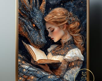 May include: A woman with long blonde hair is reading a book with a dragon. The dragon has blue and black scales and a red eye. The woman is wearing a white dress with gold accents. The background is a dark blue with stars.