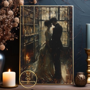 Vintage Style Poster Print Kissing Couple Wall Art Lovers Dark Cottagecore Illustration Witchy Gift Dark Academia Library Wall Decor Love