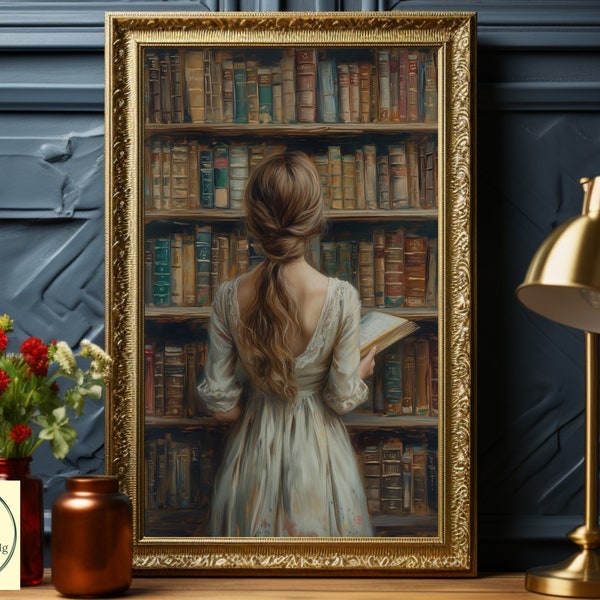 Poster Book Shelf Woman Dark Academia Art Print Vintage Style Print Bookish Decor Booklover Wall Art Dark Cottagecore Goblincore Witchy Gift