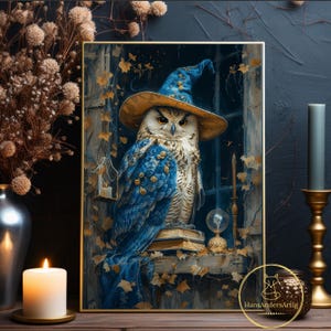 Poster Wizard Owl Library Wall Decor Bookish Art Print World of Wizardry Painting Magic Owl Gift Fantasy Fan Illustration Enchanted Animal