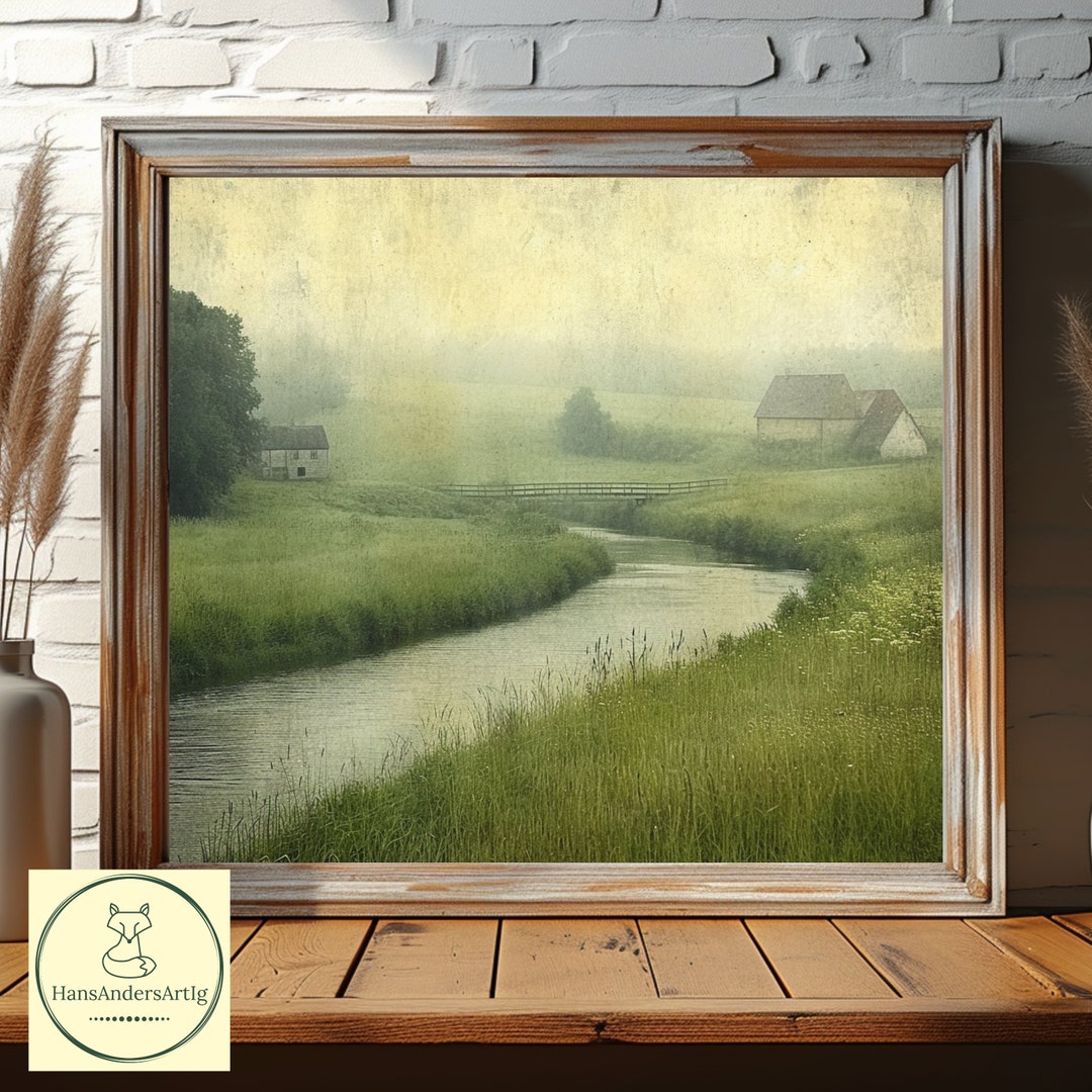 Poster Landscape River Misty Painting Fog Valley Lea Vintage Art Print ...