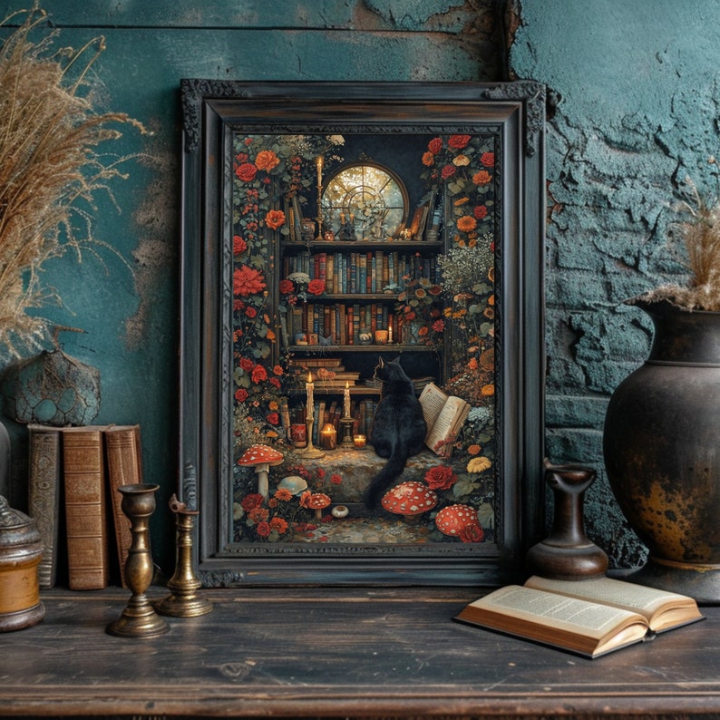 Book Cat Lover Poster Dark Academia Art Print Dark Print Vintage Style ...