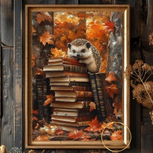 Könnte beinhalten: Ein gerahmter Kunstdruck, der einen kleinen Igel zeigt, der auf einem hohen Stapel alter Bücher ruht. Die Szene ist vor einem Hintergrund aus leuchtend orangefarbenen und gelben Herbstahornblättern dargestellt, mit dem Text HansAndersArt in der Ecke.