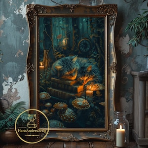 Cat Poster Dark Cottagecore Book Print Painting Dark Academia Vintage Reading Art Bookish Decor Wallart Forestcore Goblincore Witchy Gift