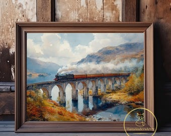 Puede incluir: Una pintura de acuarela enmarcada representa un tren cruzando un puente de piedra sobre un lago. El tren es negro con vagones rojos, y el paisaje presenta montañas, agua y follaje otoñal. El marco es marrón.