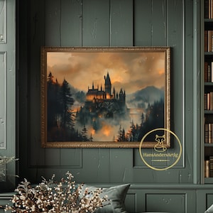 Poster di stampa del castello magico, dipinto della scuola di magia per nerd dei libri, decorazione da parete per biblioteca, arte oscura, regalo di accademia, fan art fantasy di streghe, paesaggio