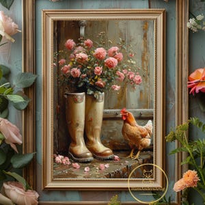Cottagecore Wall Art Poster Chicken Gumboot Art Print Vintage Style Rustic Farmhouse Decor For Living Room Granola Girl Gift Chicken Lover
