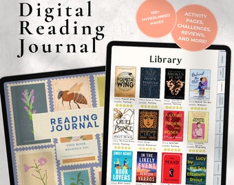 May include: Digital reading journal on a tablet, showcasing a library section with book covers and a reading tracker. Includes activity pages, challenges, reviews, and more. The journal has over 100 hyperlinked pages.