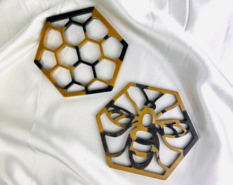 Black and Gold Honeycomb Coasters, White Bee Drink Mats, Floral Honey Bee Coaster, Clear Unique Tableware Decor, Custom Manchester Gift