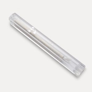 May include: A clear, rectangular case with a rounded top, containing a white object. The case is made of transparent plastic and has a slight angle. The white object inside appears to be cylindrical.