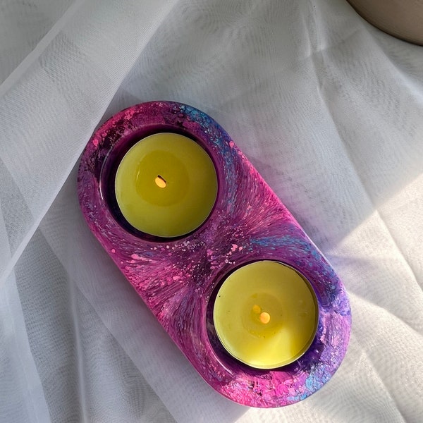 Double Cosmic Inspired  Tealight Holder, Marbled Oval Resin Candle Stand, Home Decor Accent, Perfect Duo Housewarming Gift