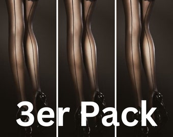 Lot de 3 bas autofixants 30DEN S-L bas sexy nylons bas femme Celia 36-46 noir rouge blanc avec couture