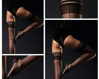 Calze autoreggenti 20DEN con cucitura S-2XL Femme Fatale Calze di nylon nere con cucitura