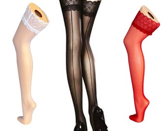 Elastane Seamed Stockings 30DEN Hold-Up Stockings with Seam S-L Celia Lace Nylons Nylon Stockings Women Black Red White