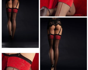 Suspender stockings 20DEN S-L Scarlett Black with red seam Suspender stockings ladies nylons 36-46