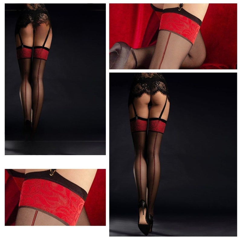 Elasthan 20DEN Nahtnylons Strapsstrümpfe S-L Scarlett Schwarz mit roter Naht Strapse Strümpfe Damen Nylons 36-46 Bild 1