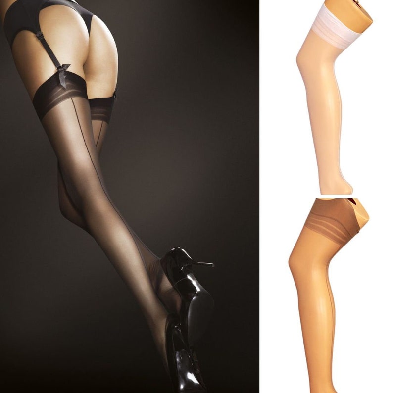 Elasthan 20DEN Nahtnylons Strapsstrümpfe S-L Marlena Nahtnylons Damen Strapse Strümpfe Nylons Schwarz, Weiß, Tan Bild 1