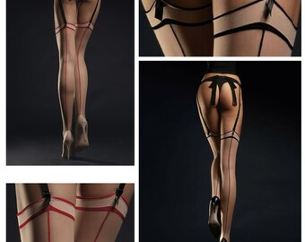 Bas cousus Pin Up 20DEN S-XXL Nylons rétro Bas naturels pour femmes Madame avec bretelles à couture rouge ou noire Bas Nylons 36-50