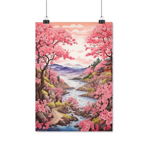 Poster multiple sizes, Traditional Japanese Cherry Blossom Landscape Painting