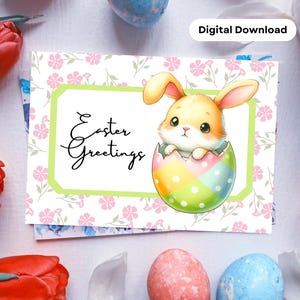 Happy Easter Day Card, Easter Greetings Card, Printable Easter Day Card, Rabbit and Flowers card, Printable Easter Day Card, Easter day card
