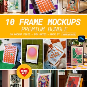 以下が含まれることがあります： 抽象的なパターン、植物のイラスト、テキストベースのアートなど、さまざまなデザインの額入りアートプリントのコレクション。画像には「10 FRAME MOCKUPS PREMIUM BUNDLE」というテキストも含まれています。フレームはさまざまな設定で表示されます。