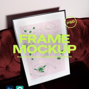 Könnte beinhalten: Ein schwarzer gerahmter Kunstdruck-Mockup mit den Worten "FRAME MOCKUP" in leuchtendem Grün. Der Druck zeigt einen rosa Hintergrund mit Strichzeichnungen von Lebensmitteln. Das Bild ist vor einem bordeauxroten Samthintergrund platziert.
