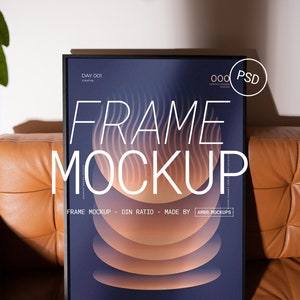 Maqueta de marco / Maqueta de marco de sofá de cuero / Maqueta de póster / Maqueta de marco de interior moderno / Maqueta de marco / Maqueta de Photoshop PSD Photopea