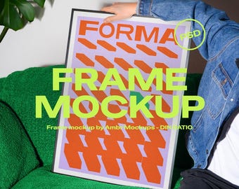 May include: A framed poster mockup with the text "FORMA FRAME MOCKUP" in bright green. The poster has an orange and purple geometric design. The image includes the Photoshop and Photopea logos.