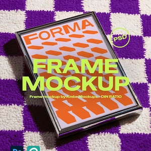 May include: A silver frame mockup with the word "FORMA" at the top and "FRAME MOCKUP" in large green letters. The frame's interior features an orange geometric pattern on a light background. The background is a purple and white checkered pattern.