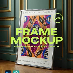 May include: A silver framed art print titled "Samarkande" by E.A. Seguy. The artwork features a colorful, patterned design with orange, purple, and blue hues. The image is a frame mockup, with text that reads "FRAME MOCKUP" and "Photoshop & Photopea (free)".