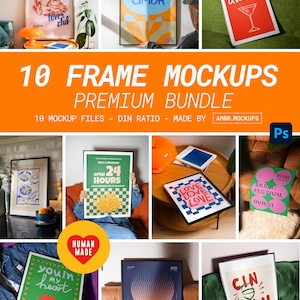 Pacchetto di mockup da 10 fotogrammi / Interni retrò accoglienti / Modelli di stampa artistica con colori personalizzati / Photoshop Photopea (PSD) / Rapporto DIN A1 A2 A3 A4