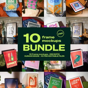 May include: A collection of ten digital frame mockups featuring various graphic art prints in black frames. The bundle includes diverse designs such as a restaurant menu, a tiger illustration, and abstract patterns, all presented in a DIN ratio format.