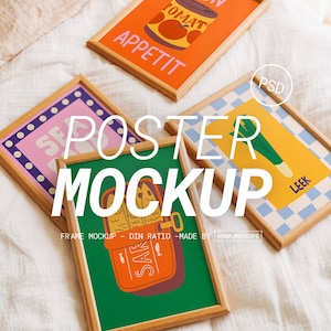 May include: Four framed art prints with colorful illustrations. One features a tomato can with the words "BON TOMAT APPETIT". Another has a sardine can with the word "SAR". The third has a leek and the word "LEEK". The fourth has the word "SEX".