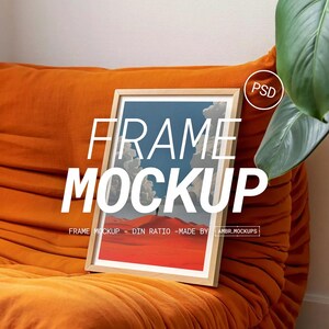 Modern Interior Frame Mockup – Orange Togo Sofa, PSD & Canva (Digital Download)