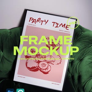 May include: A framed poster with the words "PARTY TIME" in red, and "FRAME MOCKUP" in neon green. The poster has a pink background with a red fruit illustration. The poster is on a green velvet sofa.
