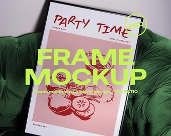 May include: Black framed poster with the words "PARTY TIME" in red, and "FRAME MOCKUP" in neon green. The poster has a pink background with a red illustration of fruit. The poster is on a green velvet couch.