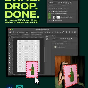Pu&ograve; includere: Annuncio pubblicitario per software di progettazione grafica con il testo "DRAG. DROP. DONE." e "Ultra easy PSD Smart Objetc, add your Design in one click." L'immagine mostra uno schermo di computer con Adobe Photoshop e un'opera d'arte incorniciata in rosa con una bottiglia e un bicchiere di vino.